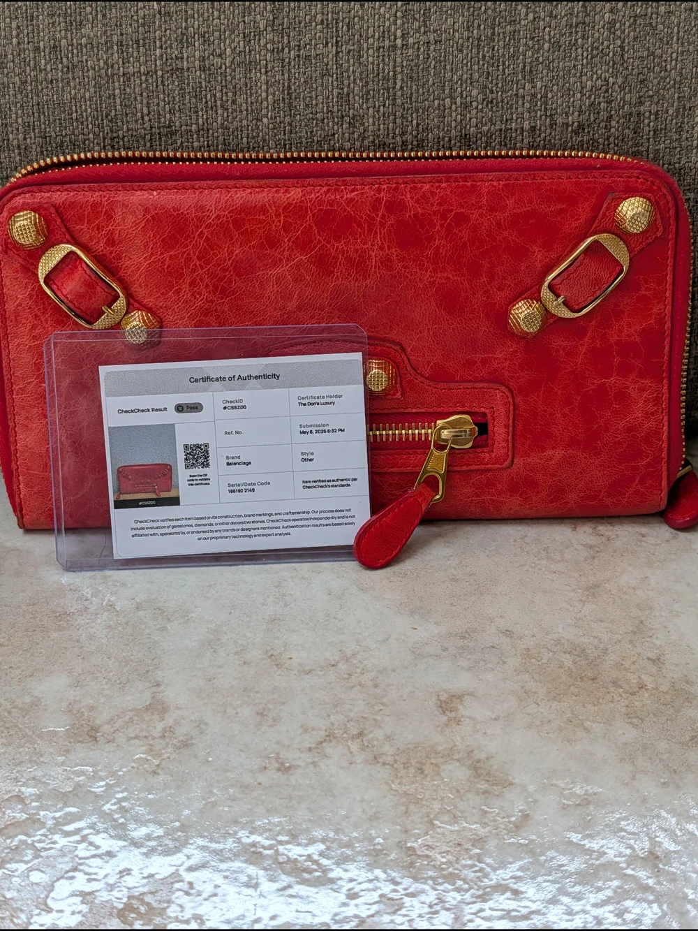 Balenciaga Red Zip-Around Leather Wallet with Gold Hardware w COA